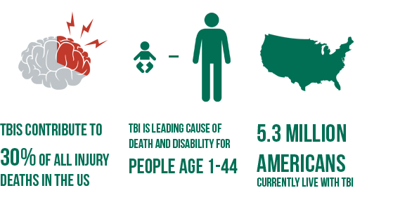 TBIs contribute to 30% of all injury deaths in the US. TBI is the leading cause of death of disability for people age 1-44. 5.3 million americans currently live with a TBI