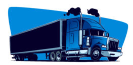 blue 18 wheeler graphic with black smoke emitting form exhaust