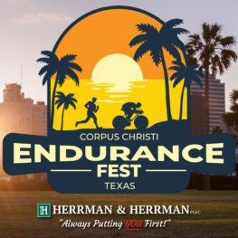 Endurance Fest Corpus Christi flyer with Herrman and Herrman logo. The logo features a person running and a person riding a bike with a sunset behind them and palm trees surrounding the festival logo.