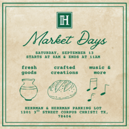 Flyer for Herrman & Herrman Market Days in Corpus Christi on September 13, 2025—free pop-up event featuring local vendors, handmade goods, and community shopping.