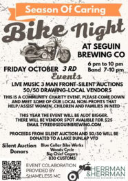 Flyer for Bike Night at Seguin Brewing Co. in Seguin, TX on October 3, 2025, sponsored by Herrman and Herrman Personal Injury Lawyers – featuring live music, silent auction, and giveaways benefiting the Lake Dunlap Volunteer Fire Department